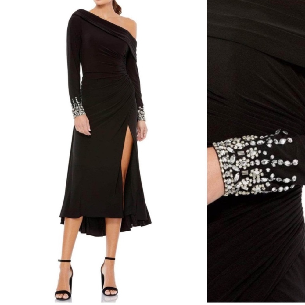 IEENA FOR MAC DUGGAL Foldover Long Sleeve Jeweled Midi Dress Black NEW Size 6